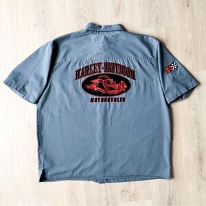 Vtg Harley Davidson Button Up Shirt XXL Grey HOG Biker Pig Embroidered 90s